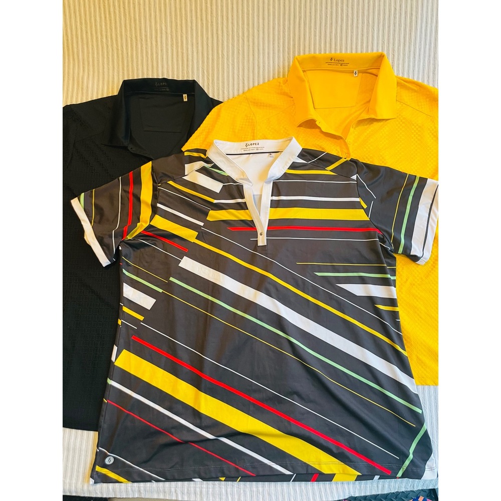Nancy Lopez Golf Polo Shirt Bundle 2X Black Yellow Striped DeLux Dri Lot of 3